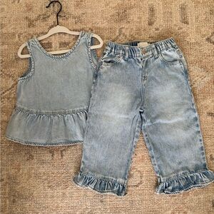 Zara Light Blue Denim Ruffle Tank Top & Jeans Set